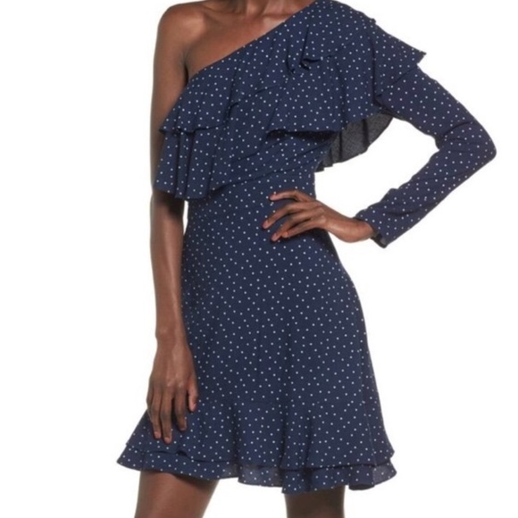 Wayf Dresses & Skirts - Wayf One-Shoulder Navy Polka Dot Dress size XS